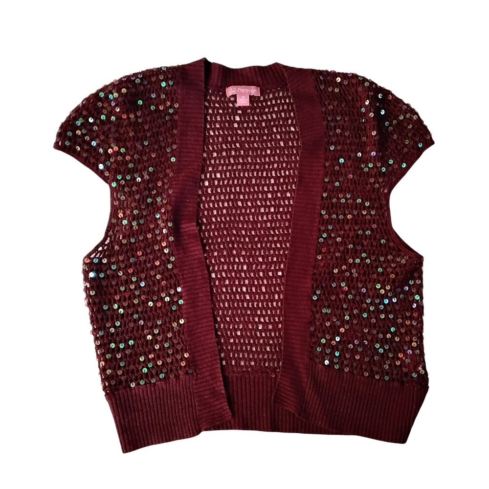 JJ Forever Burgundy Sequin Crochet Knit Vest Cap Sleeve Open Front Womens Medium